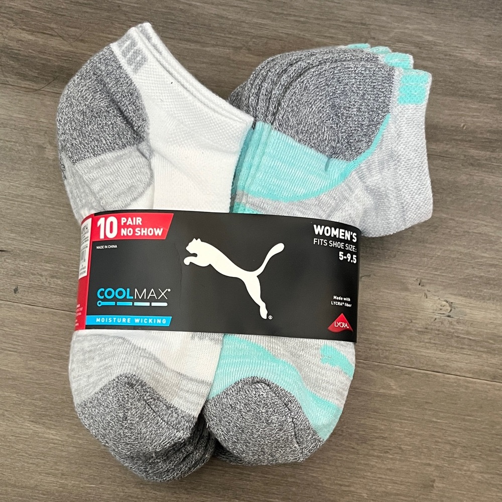 Puma Women's No Show Socks - White, Grey, Teal, Coral. 10 pairs in package.